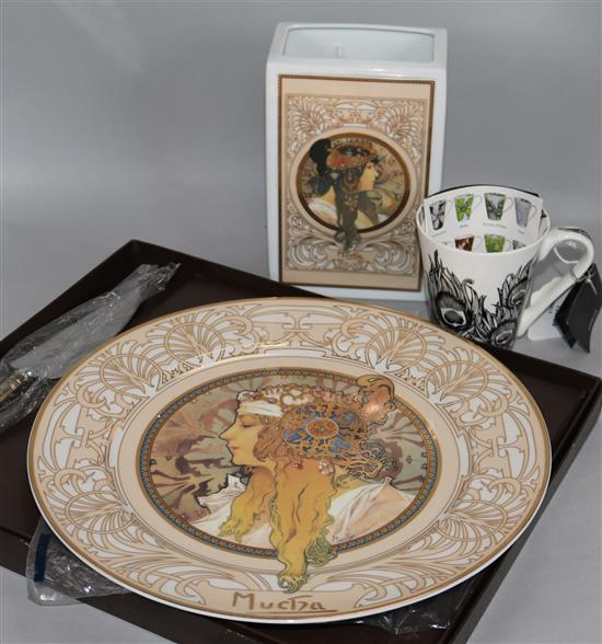 A Goebel Artis Orbis Mucha rectangular vase and plate, a Royal Worcester Dragon Sorrel Brown cake plate,